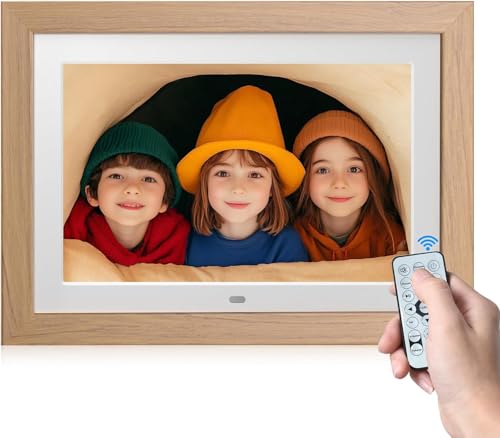10" Digital Picture Frame with Remote Control, 1280 * 800 IPS Full View Ultra Clear Screen, Removable Wooden Frame, Share Videos Photos Send Wishes Auto-Rotate Slideshow Non-WiFi (10" Light Wood)