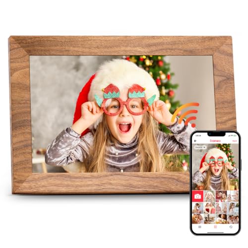 Frameo 10.1" Digital Picture Frame with 32GB Memory WiFi Electronic Photo Frame Wood 1280 x 800 IPS Touch Screen Auto-Rotate Slideshow Wall Mountable Share Photos/Video Remotely Anywhere